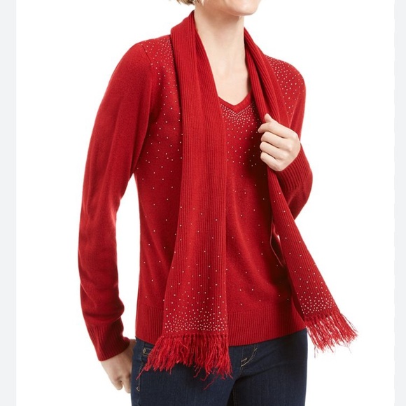 KAREN SCOTT Red Rhinestone Sweater & Matching Fringed Scarf NWOT - Picture 1 of 14